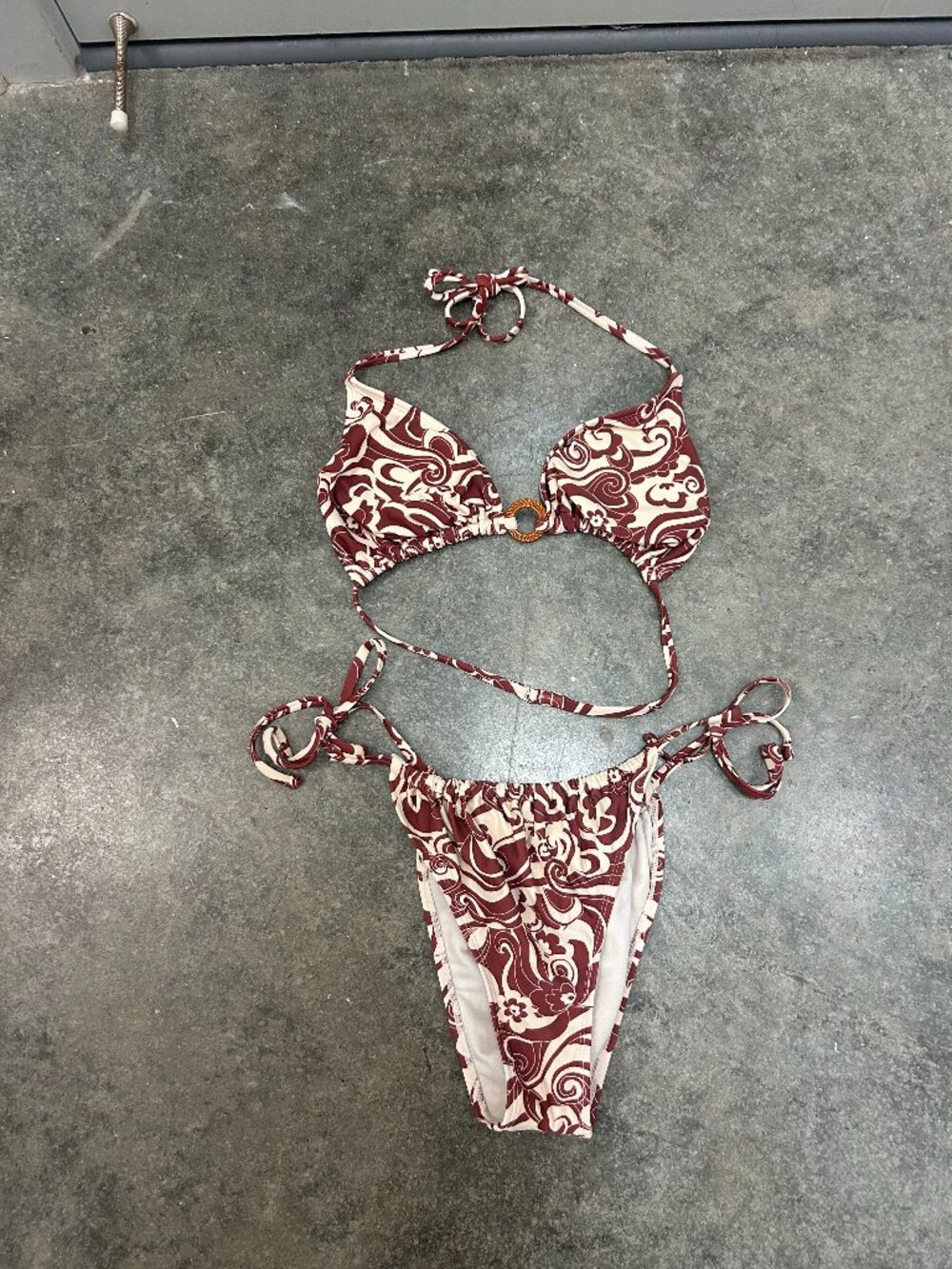 Wild Fable Bikini Swimsuit Set Large Brown Cream Floral Tie Side Halter Y2K